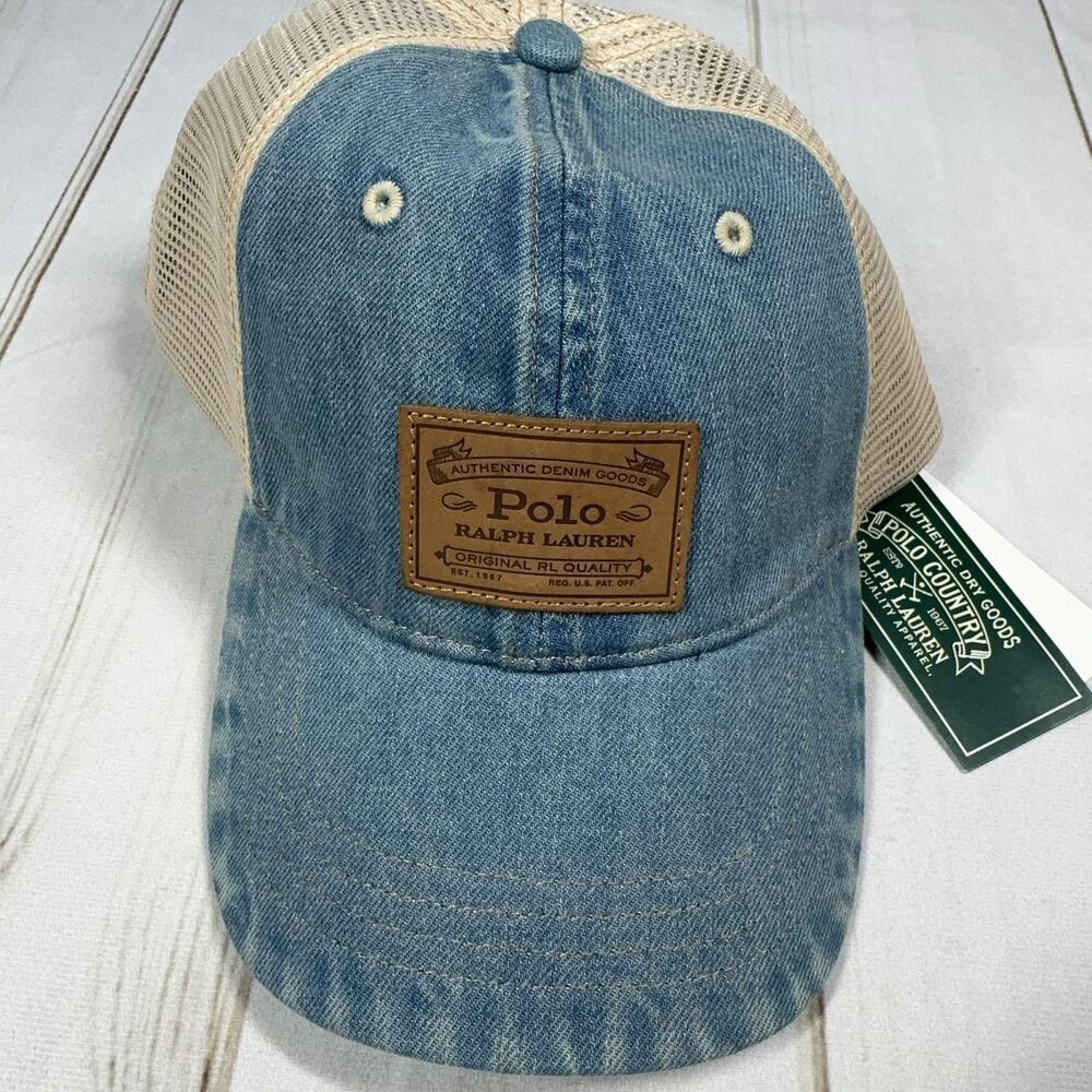 Polo Country Denim Leather Patch Trucker Hat Mens Blue Mesh Cap Ralph Lauren - Picture 4 of 14